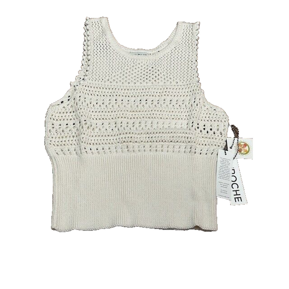 St. Roche Marilyn Tank Top Crochet Open Knit Racerback Sleeveless Natural L NEW